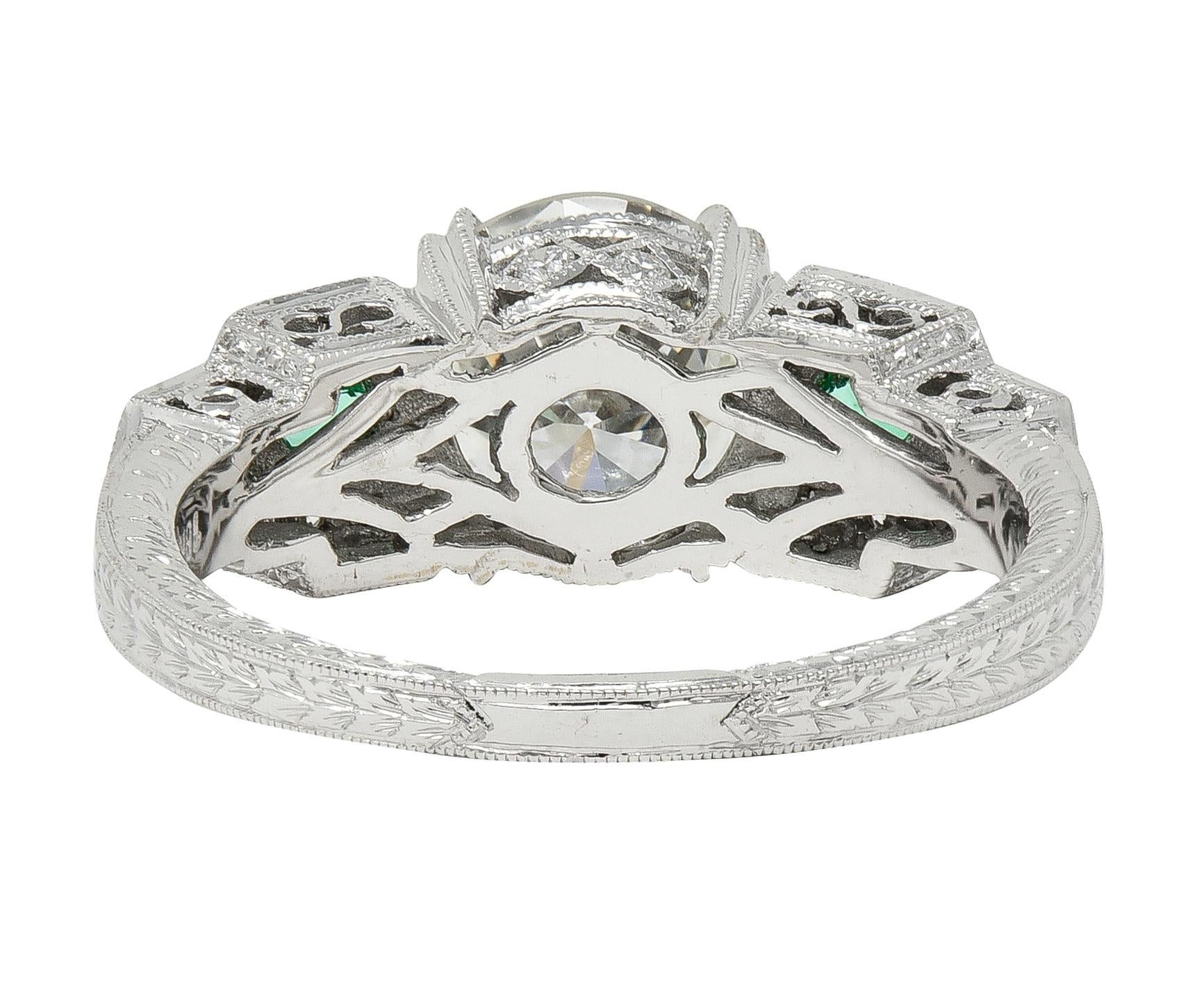 2.21 CTW Old European Diamond Emerald 18 Karat White Gold Engagement Ring GIA