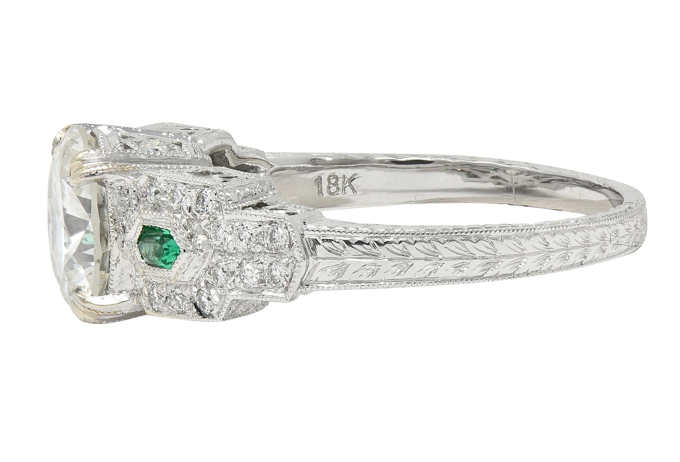 2.21 CTW Old European Diamond Emerald 18 Karat White Gold Engagement Ring GIA