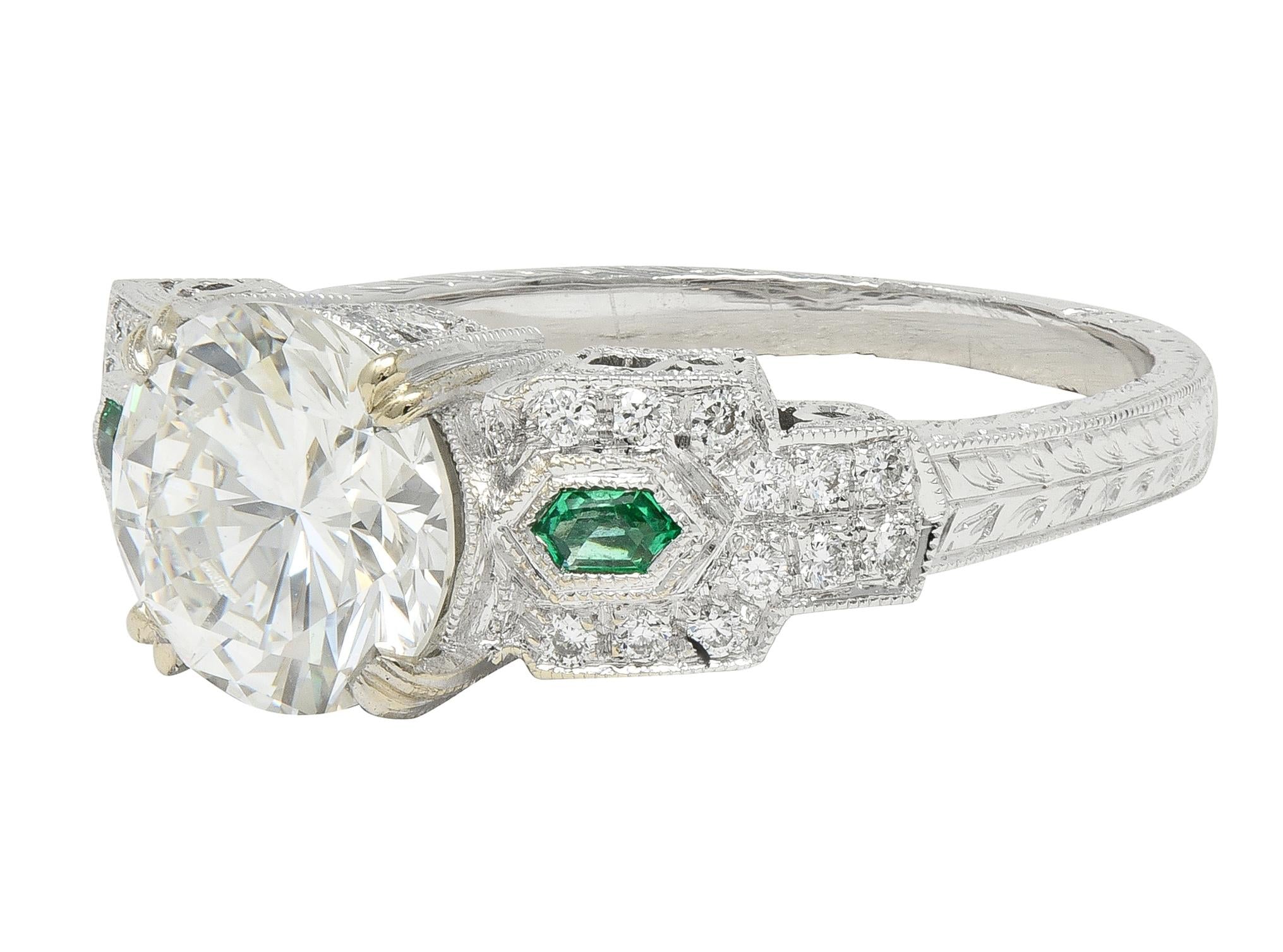 2.21 CTW Old European Diamond Emerald 18 Karat White Gold Engagement Ring GIA