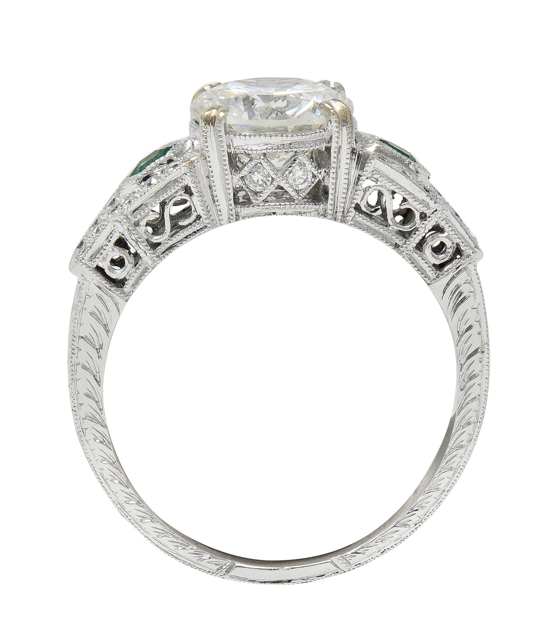 2.21 CTW Old European Diamond Emerald 18 Karat White Gold Engagement Ring GIA