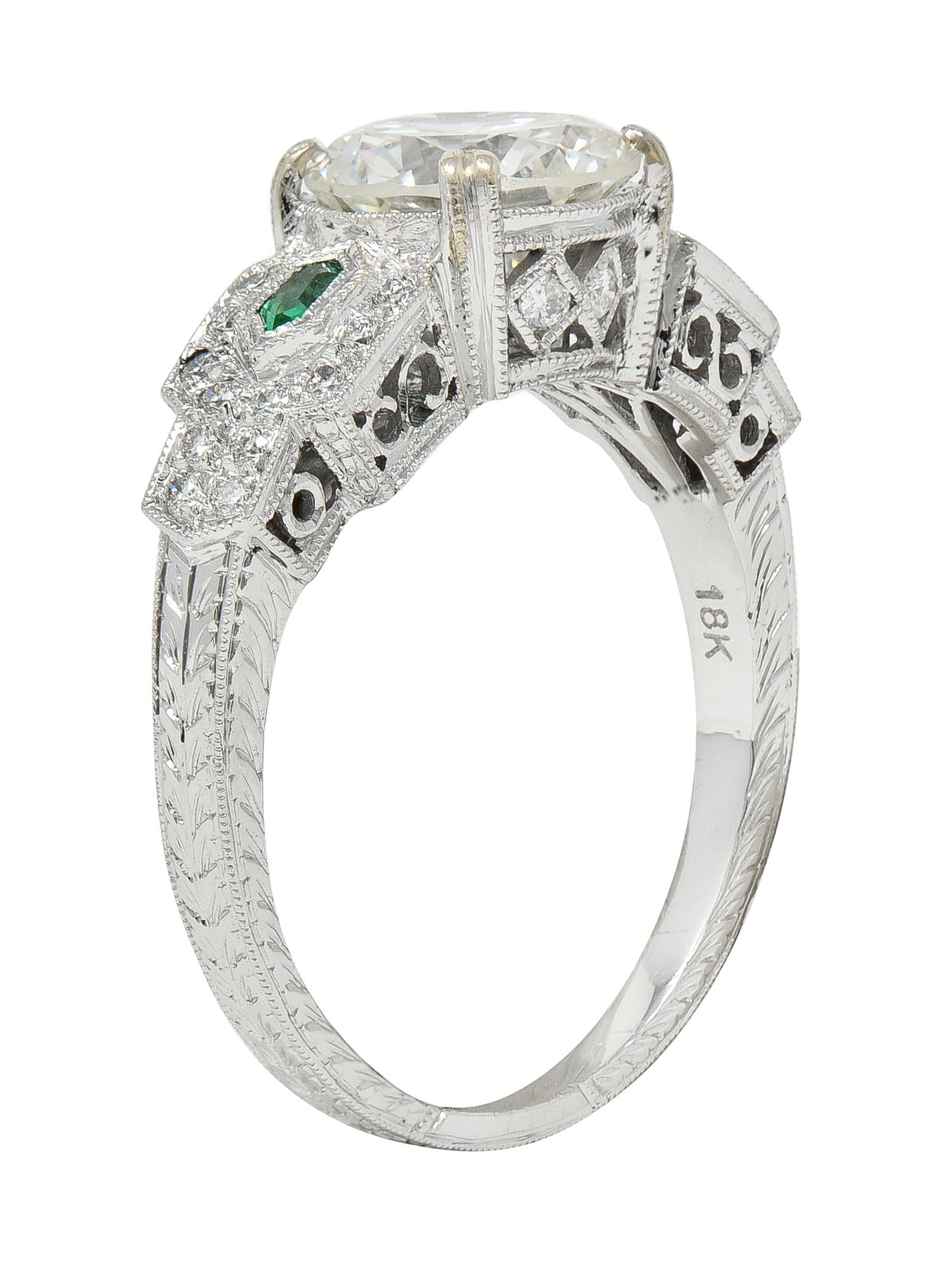 2.21 CTW Old European Diamond Emerald 18 Karat White Gold Engagement Ring GIA