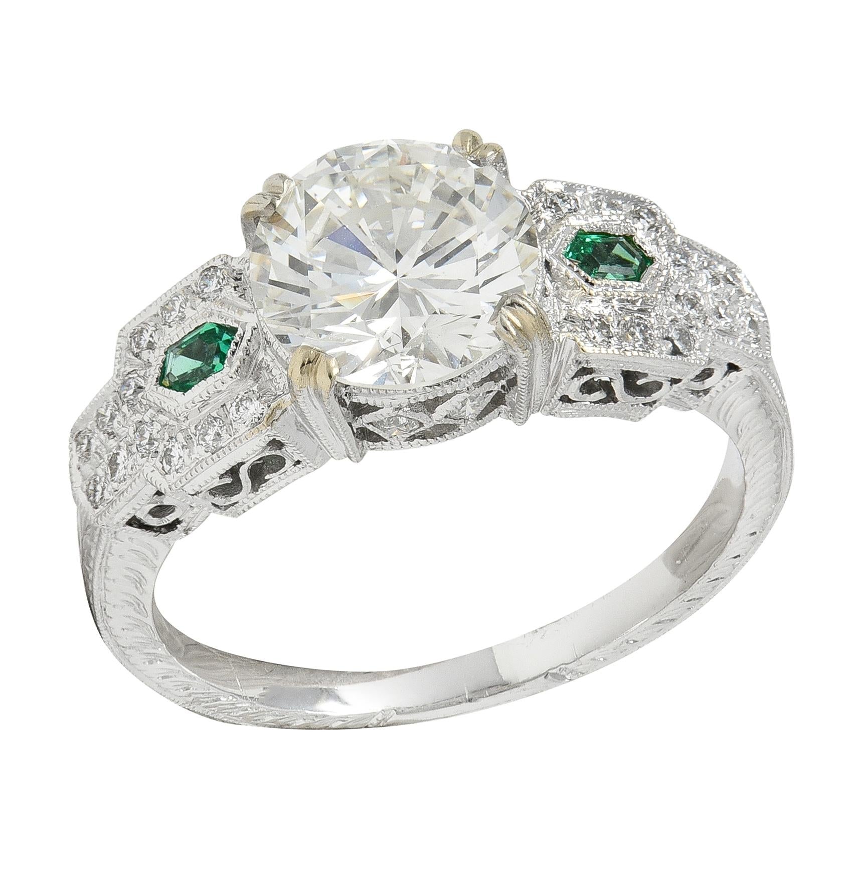2.21 CTW Old European Diamond Emerald 18 Karat White Gold Engagement Ring GIA
