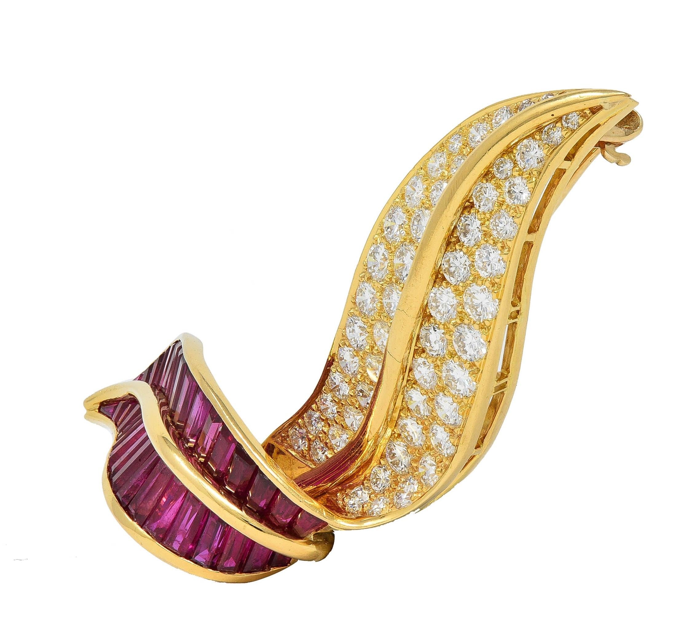 Ruby Diamond 18 Karat Yellow Gold Vintage Twisting Feather Brooch