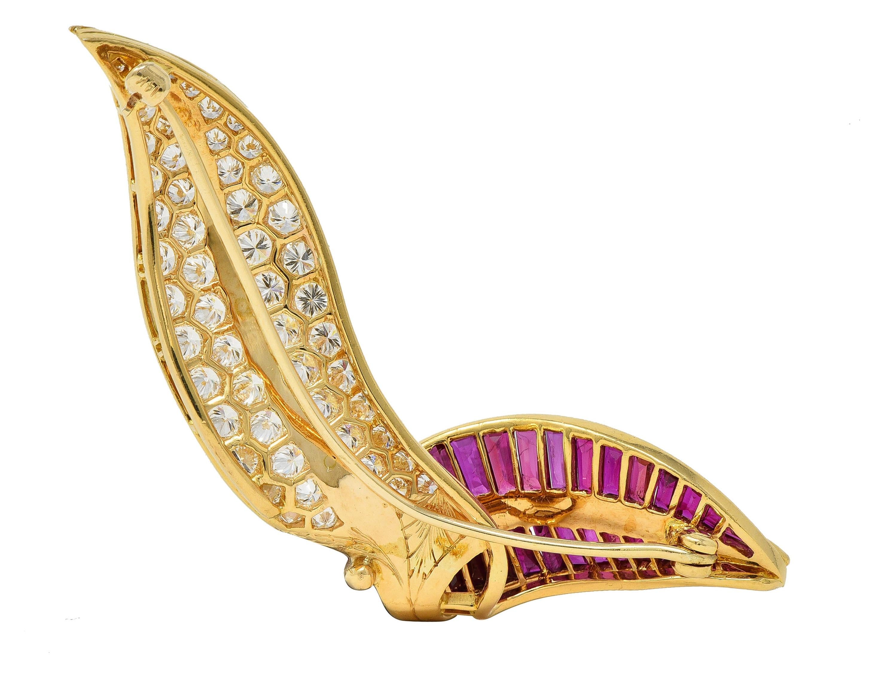 Ruby Diamond 18 Karat Yellow Gold Vintage Twisting Feather Brooch