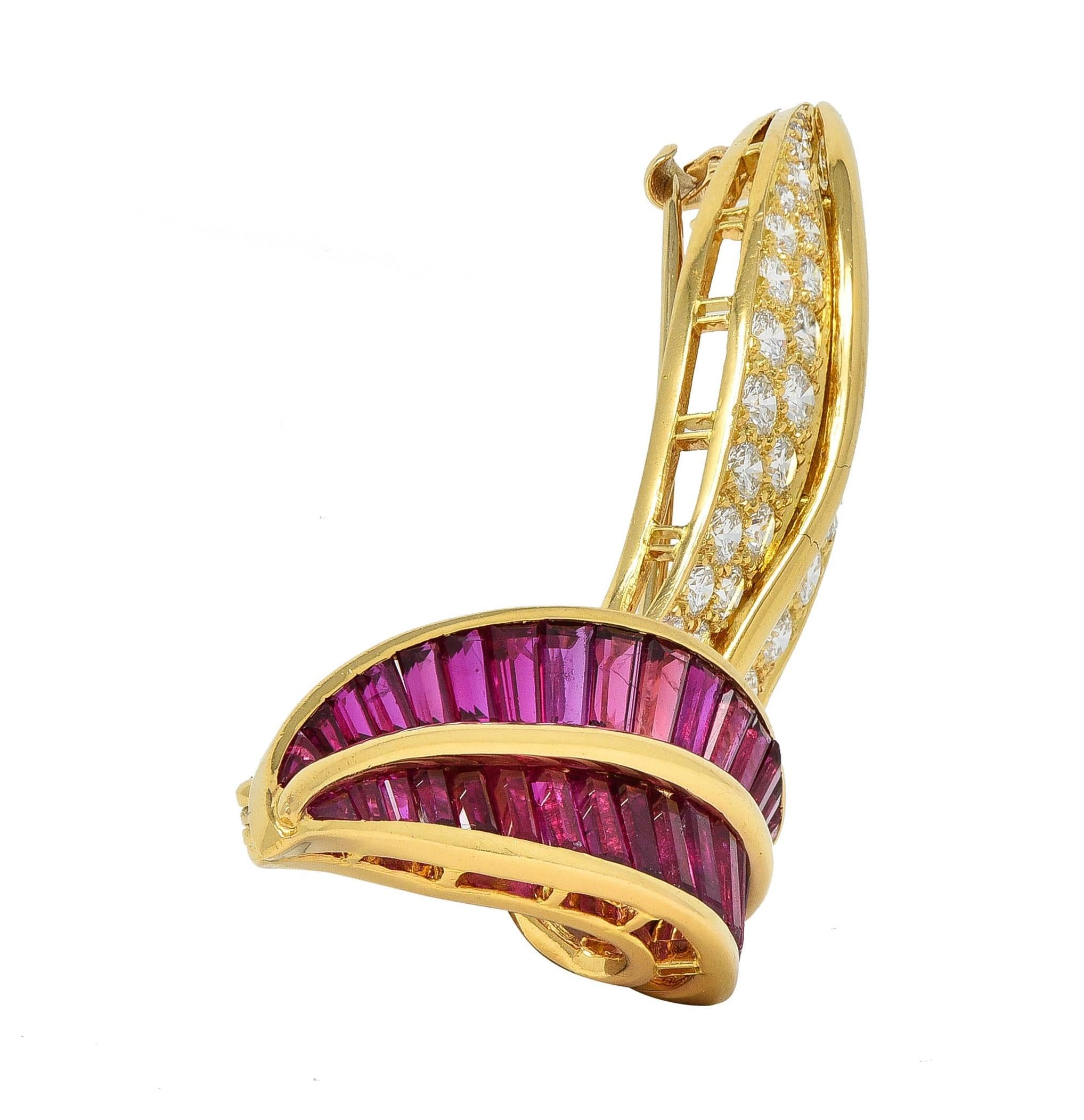 Ruby Diamond 18 Karat Yellow Gold Vintage Twisting Feather Brooch