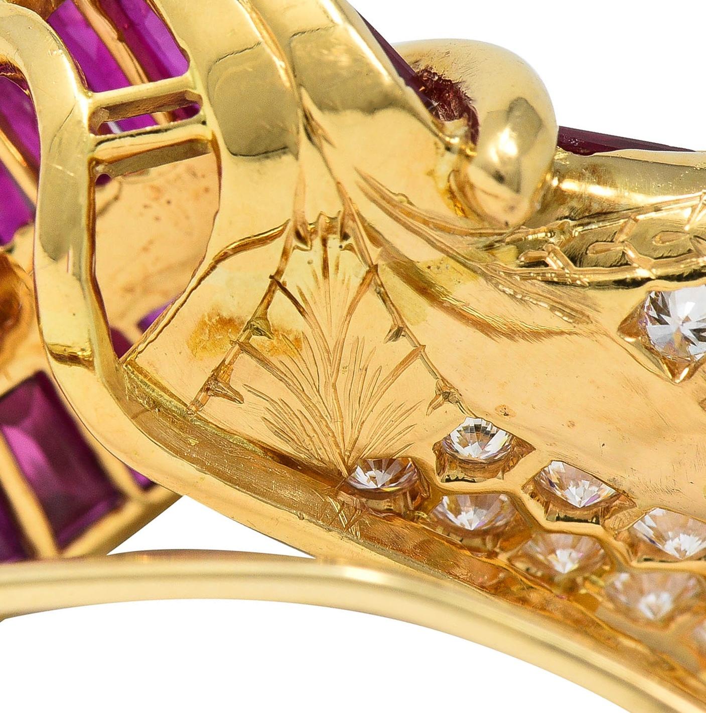 Ruby Diamond 18 Karat Yellow Gold Vintage Twisting Feather Brooch