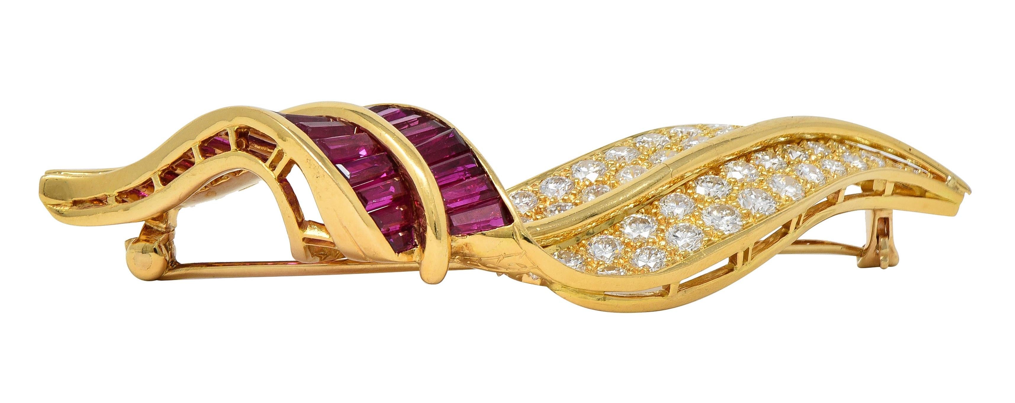 Ruby Diamond 18 Karat Yellow Gold Vintage Twisting Feather Brooch