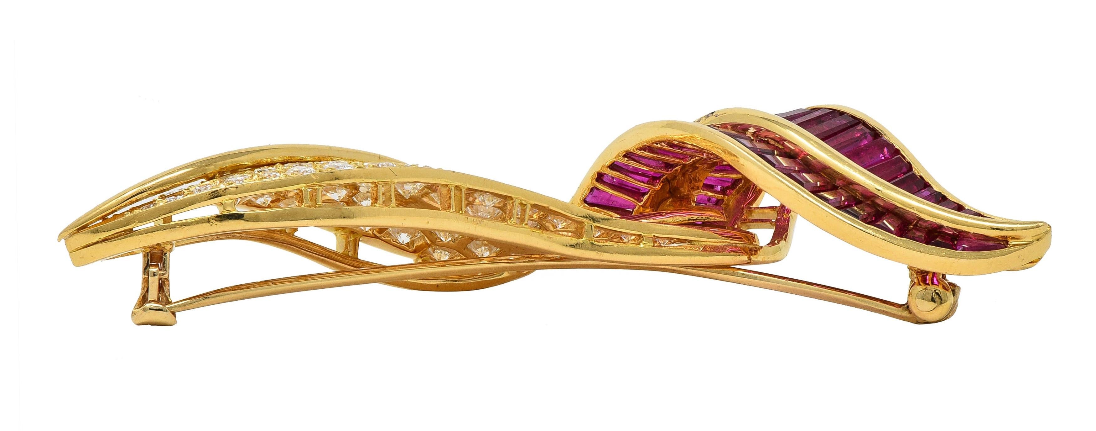 Ruby Diamond 18 Karat Yellow Gold Vintage Twisting Feather Brooch