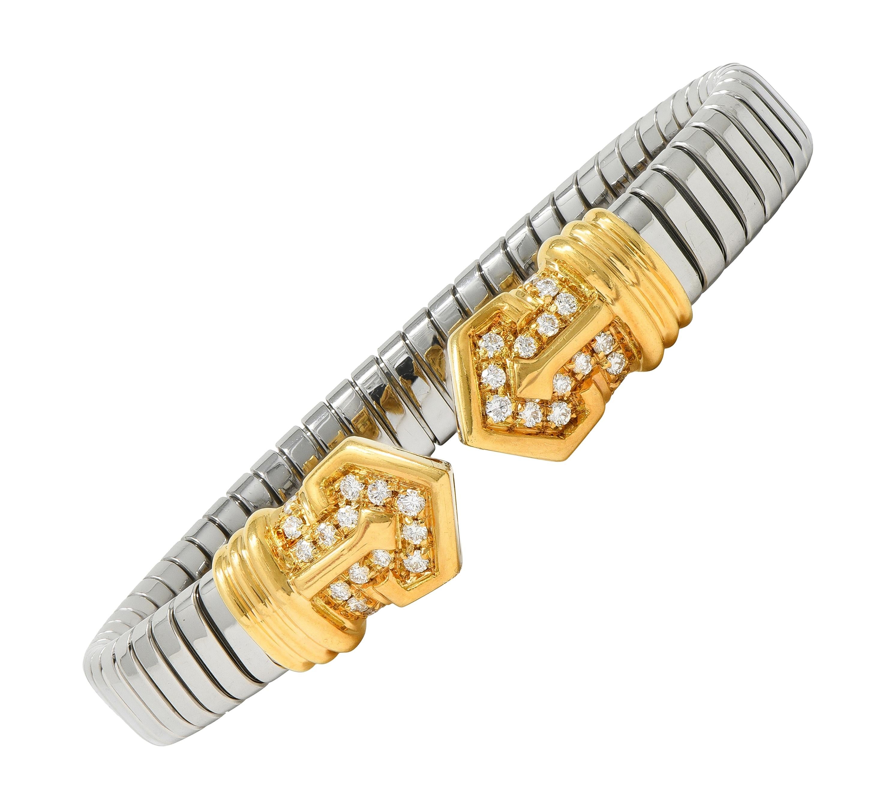 Bulgari 1980's Diamond 18K Gold Steel Vintage Alveare Tubogas Cuff Bracelet