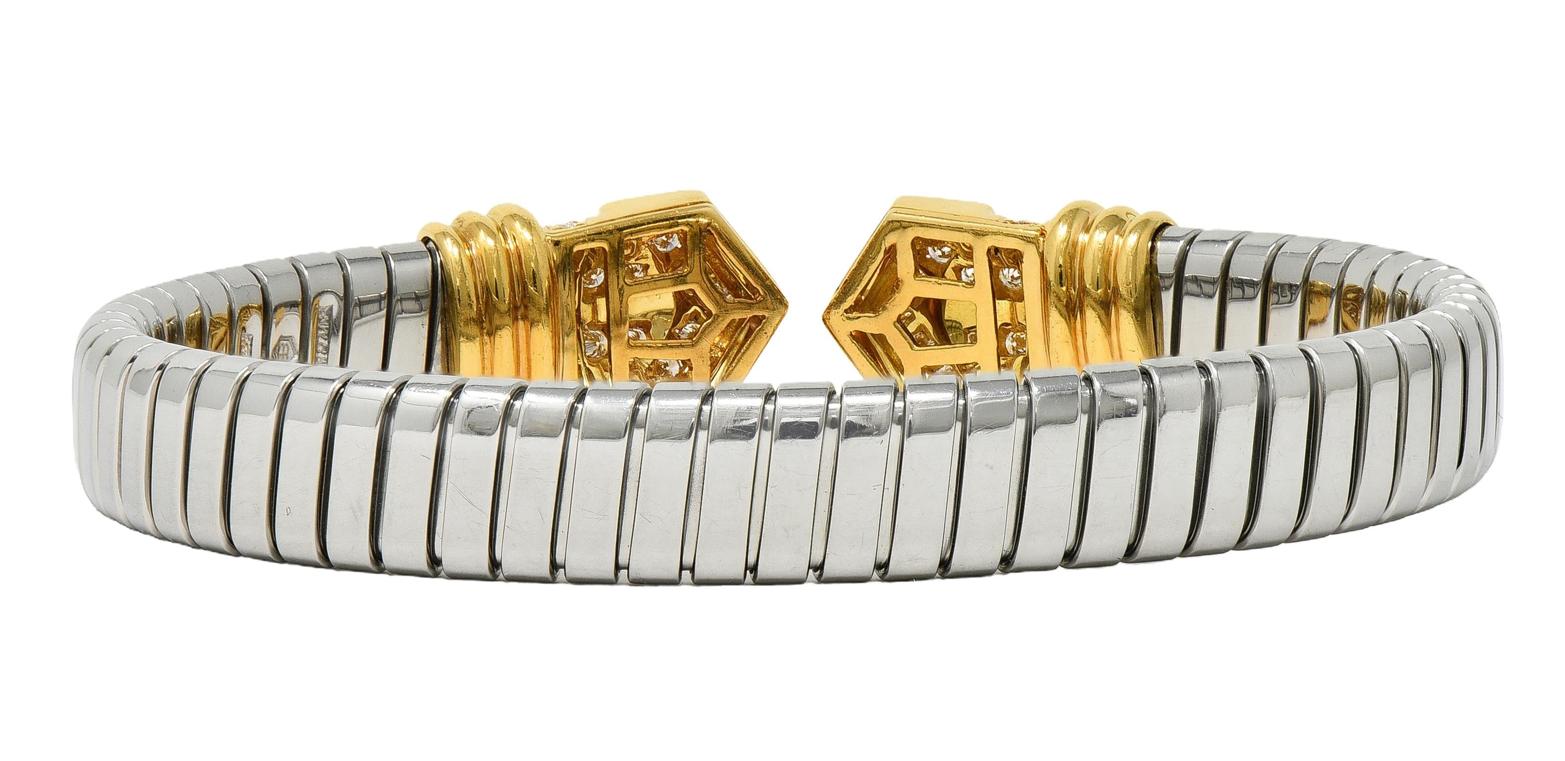 Bulgari 1980's Diamond 18K Gold Steel Vintage Alveare Tubogas Cuff Bracelet