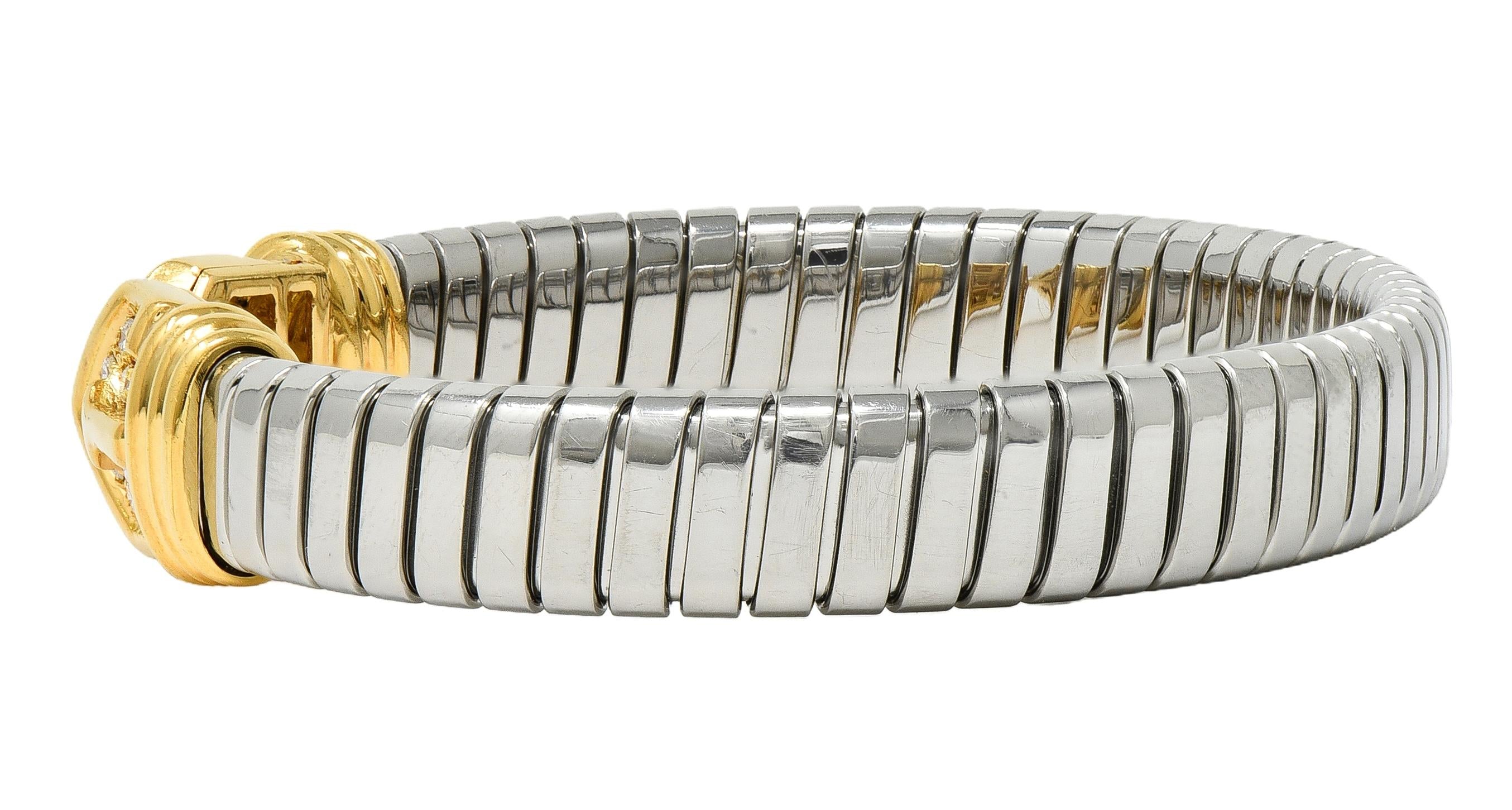 Bulgari 1980's Diamond 18K Gold Steel Vintage Alveare Tubogas Cuff Bracelet
