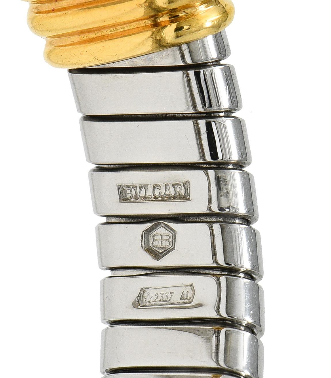Bulgari 1980's Diamond 18K Gold Steel Vintage Alveare Tubogas Cuff Bracelet