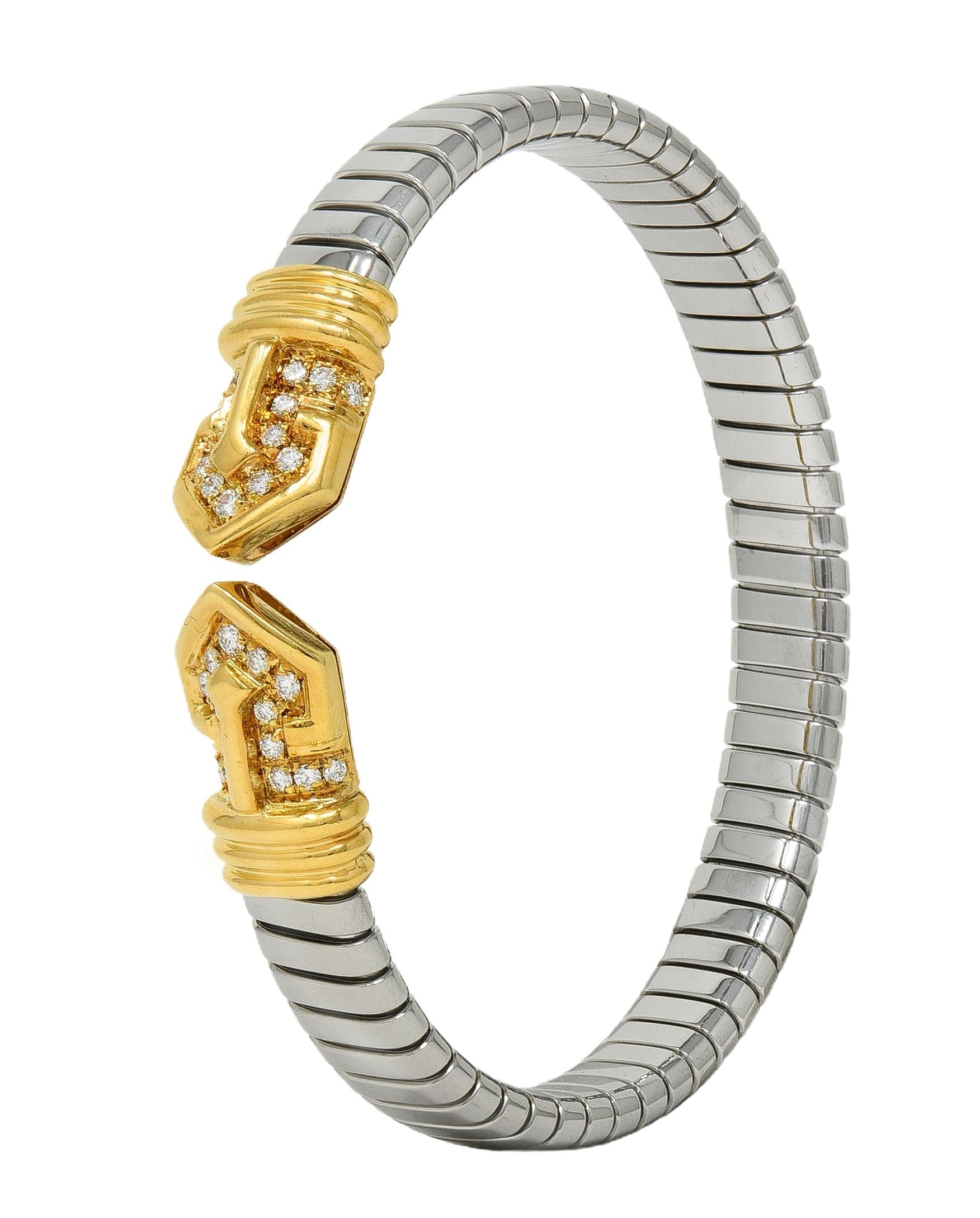 Bulgari 1980's Diamond 18K Gold Steel Vintage Alveare Tubogas Cuff Bracelet