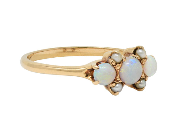 Victorian Opal Pearl 14 Karat Yellow Gold Three Stone Antique Ring