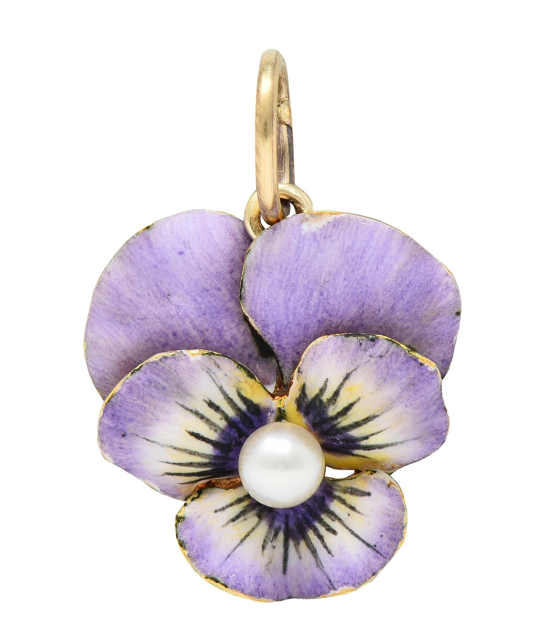 Art Nouveau Pearl Enamel 14 Karat Yellow Gold Antique Pansy Flower Charm