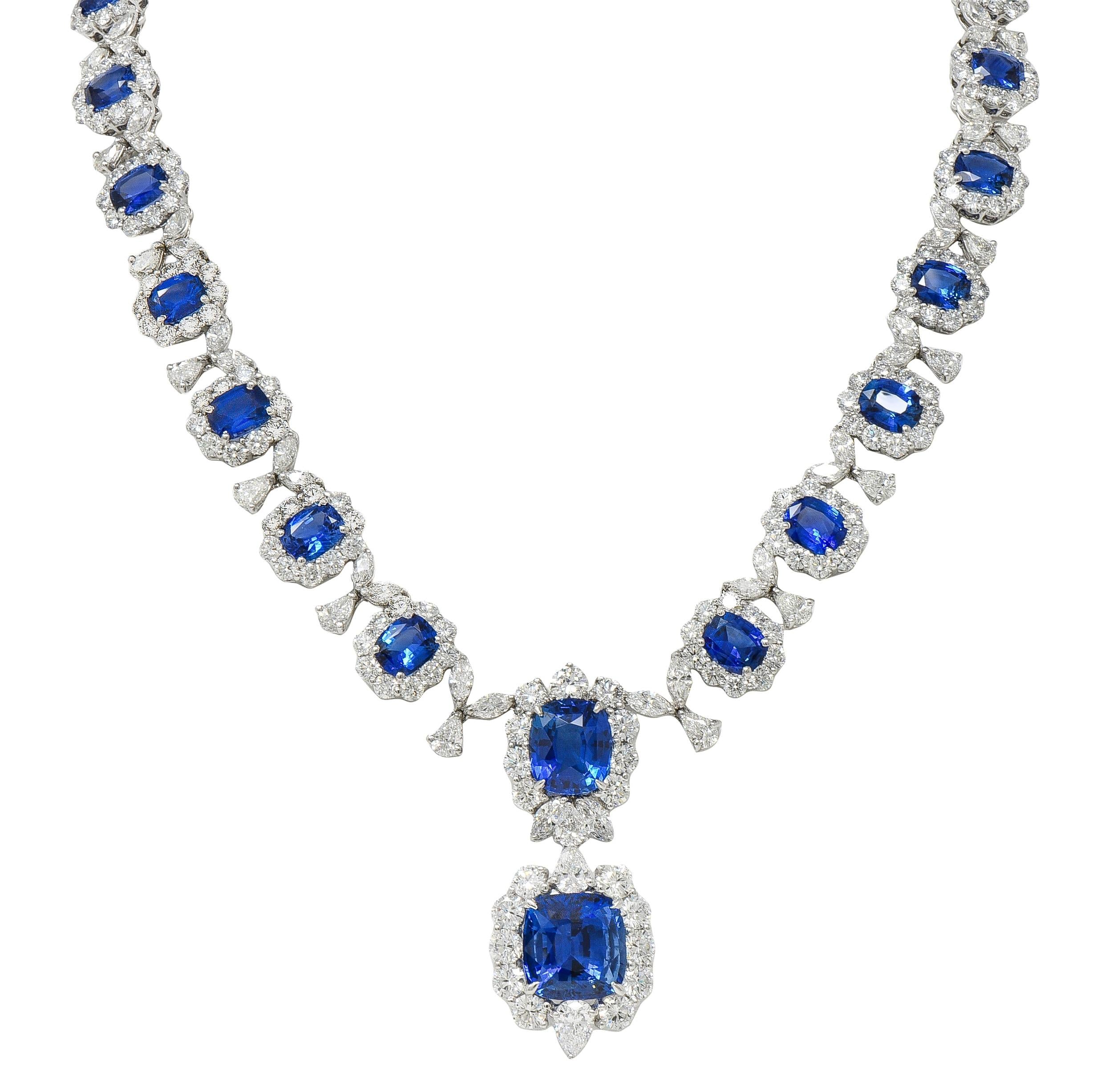 Contemporary Blue Sapphire Diamond Platinum White Gold Floral Statement Necklace