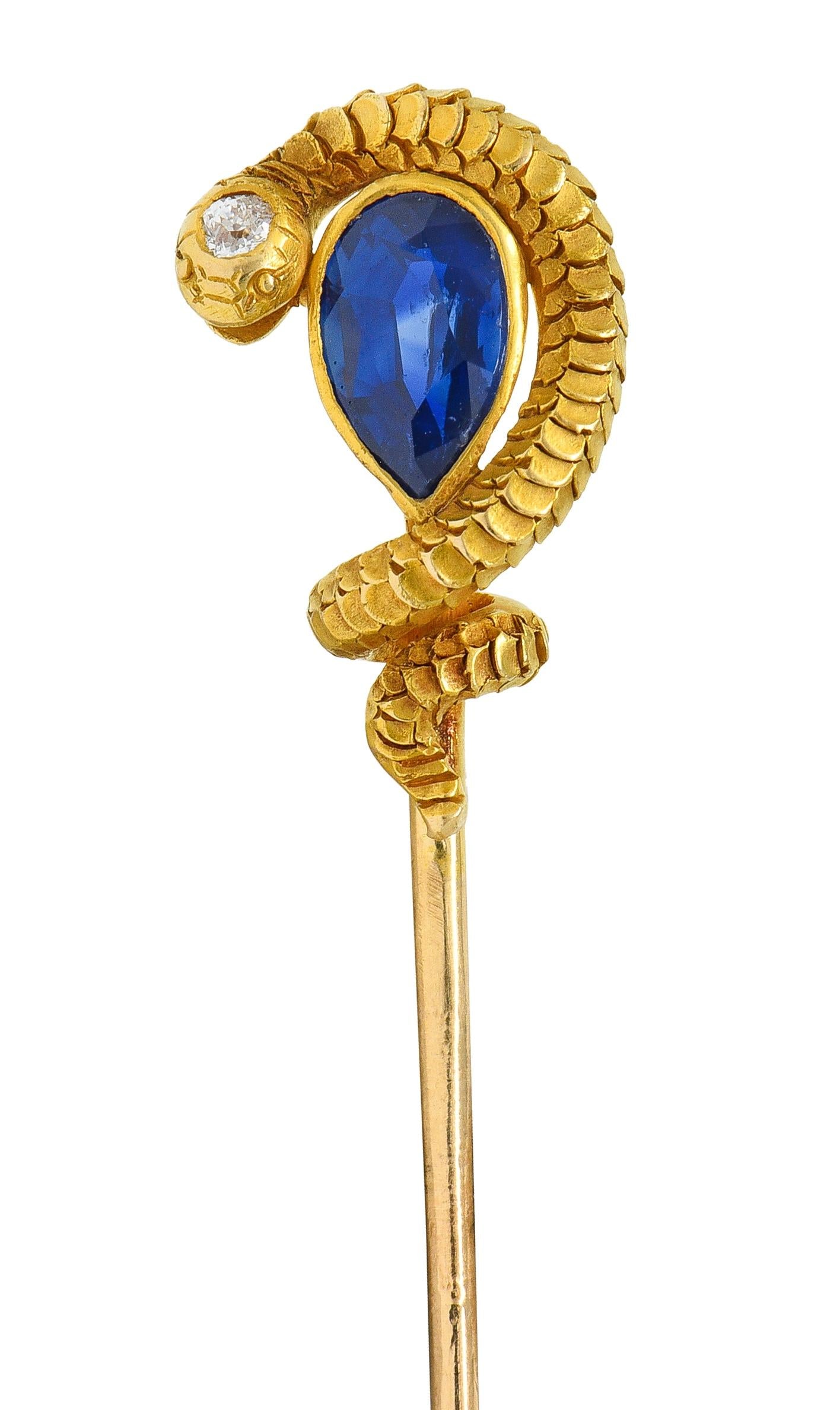 Victorian Pear Cut Sapphire Diamond 18 Karat Yellow Gold Antique Snake Stickpin