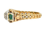 Early Victorian 3.92 CTW Peruzzi Cut Diamond Emerald 18 Karat Gold Antique Ring