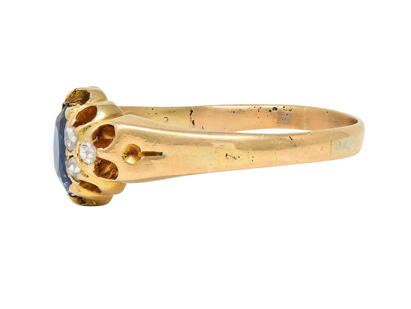 Victorian 1.30 CTW Sapphire Diamond 14 Karat Yellow Gold Belcher Antique Ring