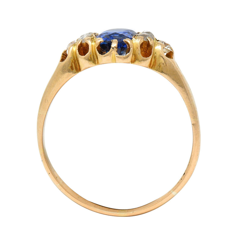 Victorian 1.30 CTW Sapphire Diamond 14 Karat Yellow Gold Belcher Antique Ring