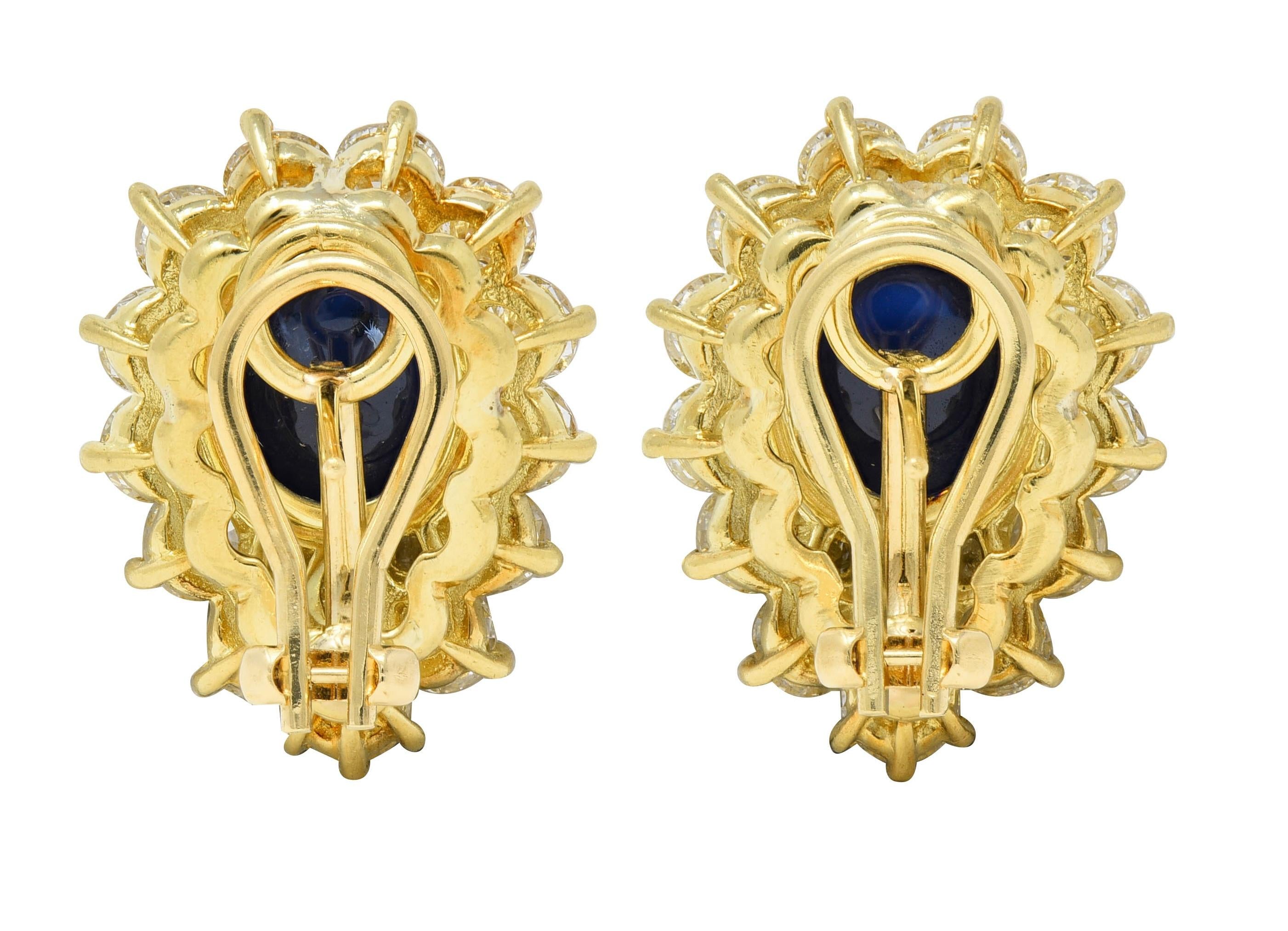 1980's 14.56 CTW Sapphire Diamond Cluster 18K Gold Vintage Cluster Earrrings