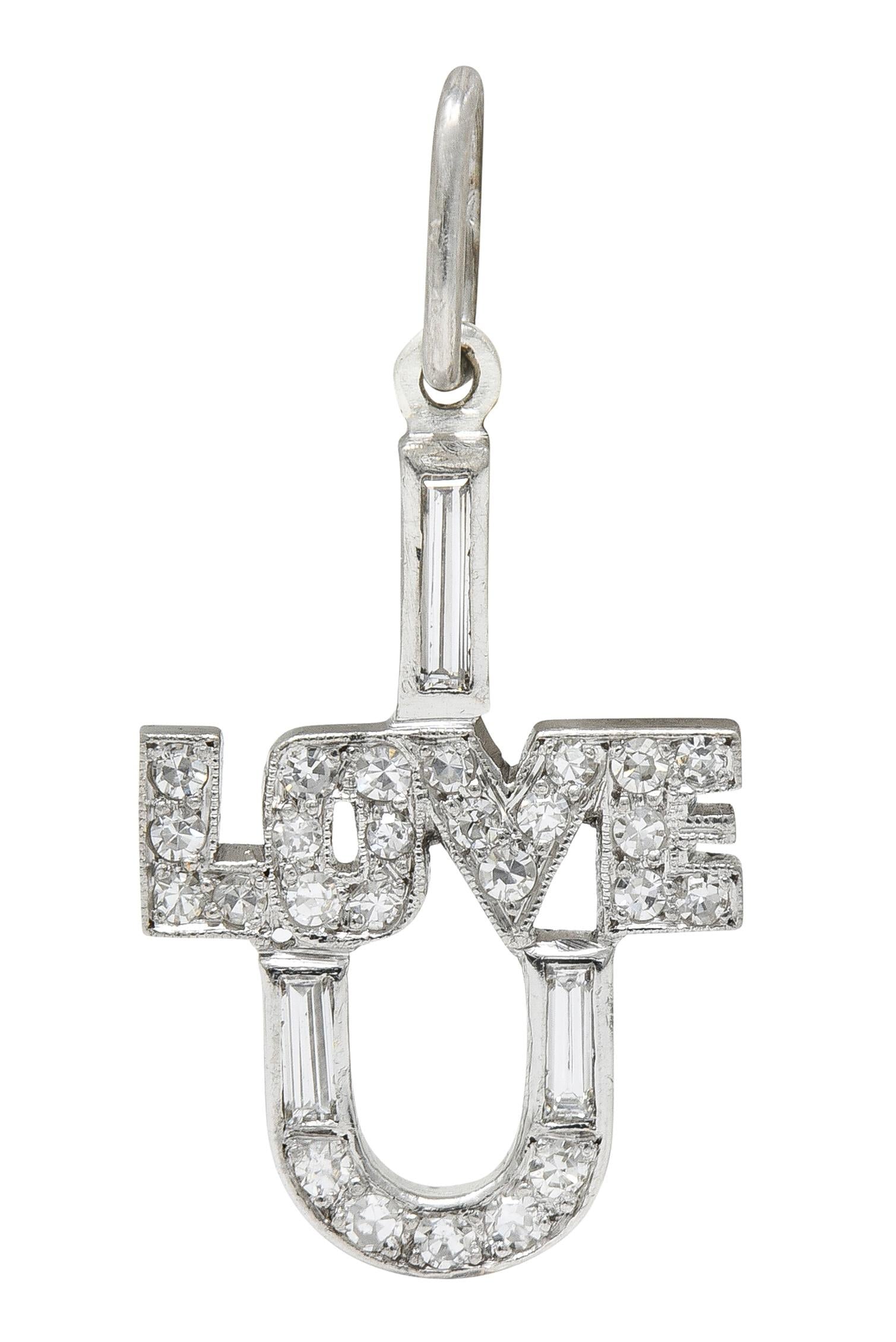Art Deco Diamond Platinum Vintage I Love U Charm