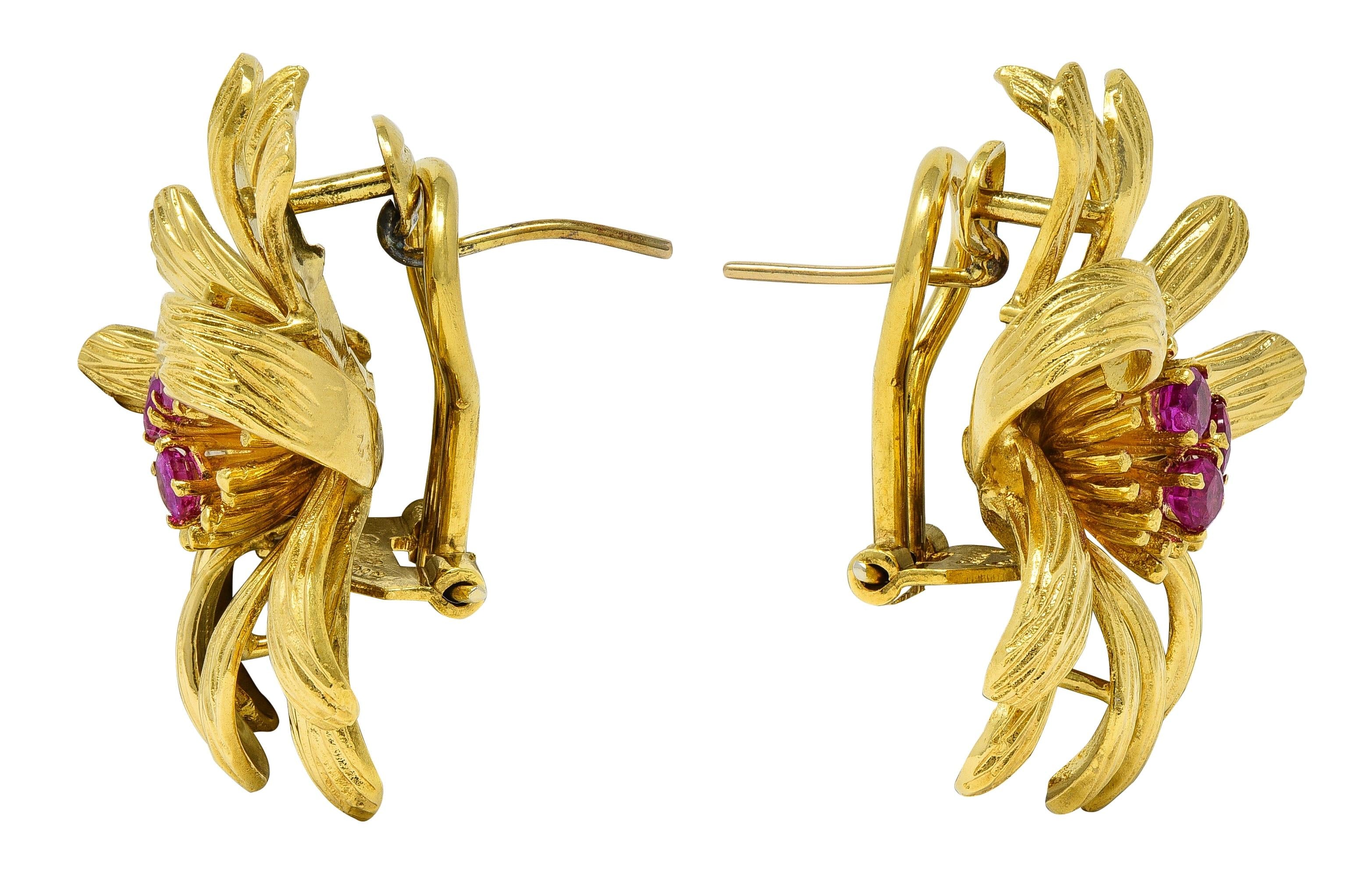 Cartier 1970's Ruby 18 Karat Yellow Gold Vintage Flower Earrings