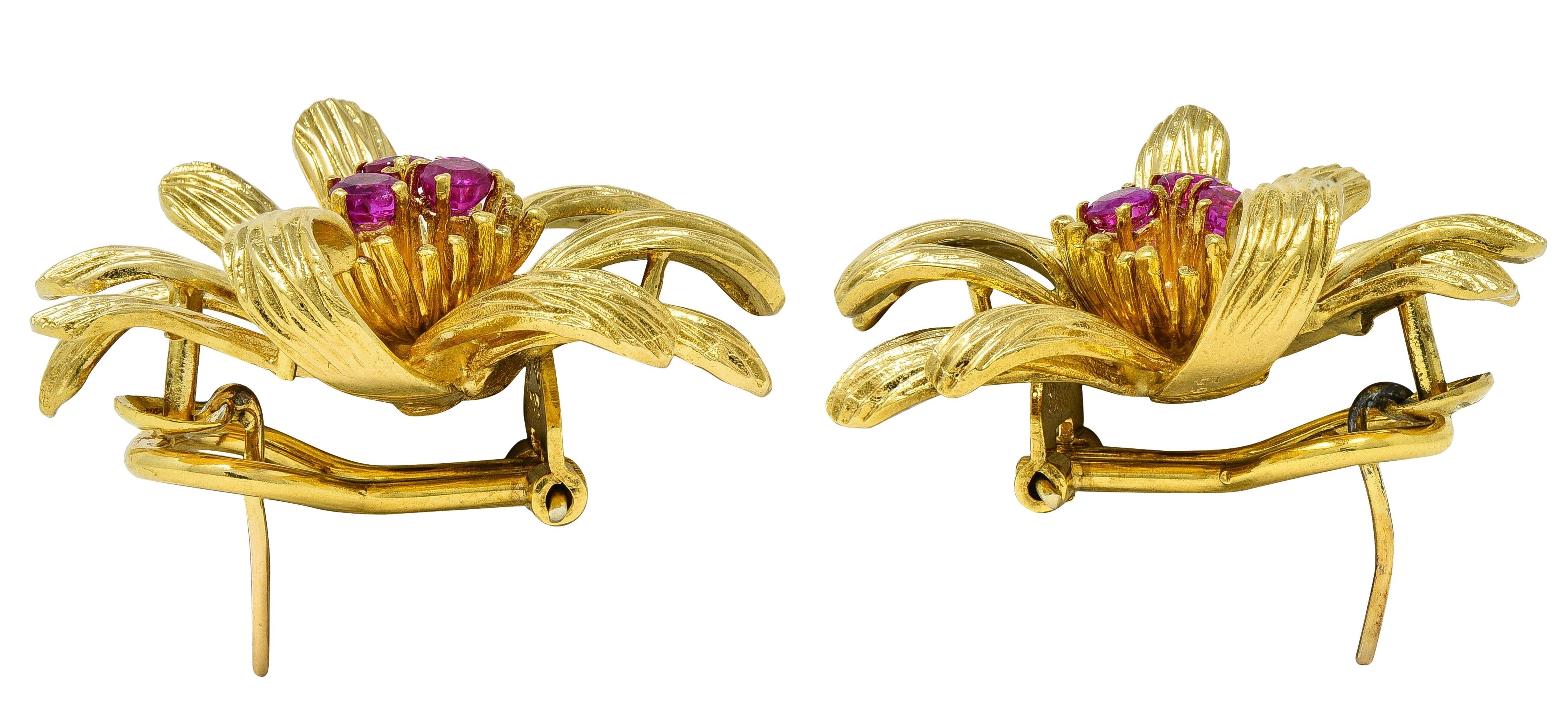 Cartier 1970's Ruby 18 Karat Yellow Gold Vintage Flower Earrings