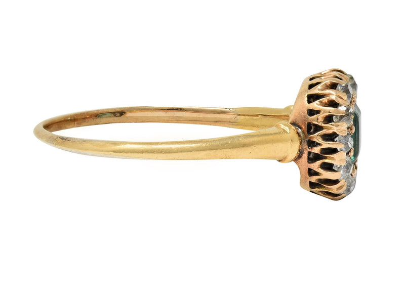 Victorian 0.82 CTW Emerald Diamond 14 Karat Yellow Gold Antique Halo Ring