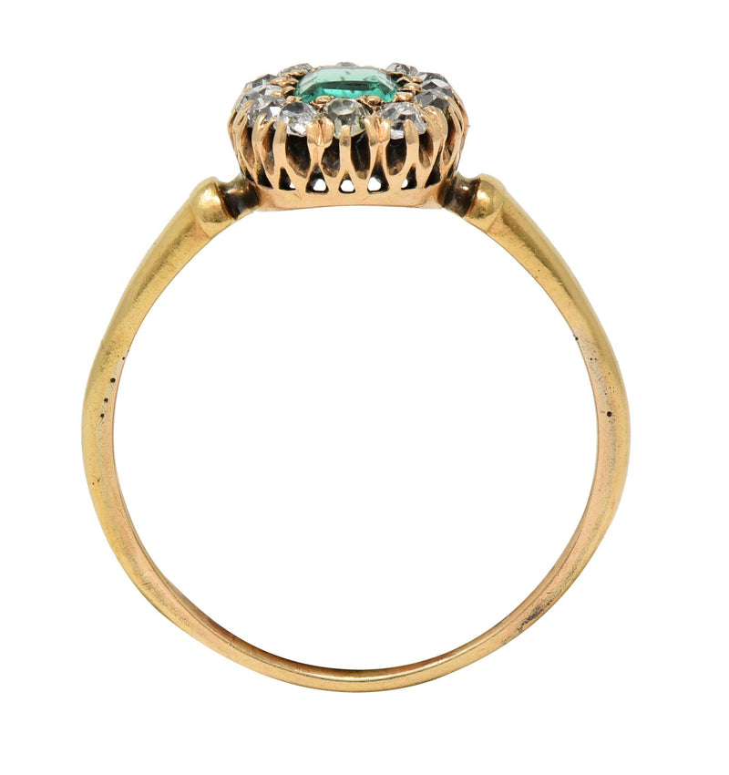 Victorian 0.82 CTW Emerald Diamond 14 Karat Yellow Gold Antique Halo Ring