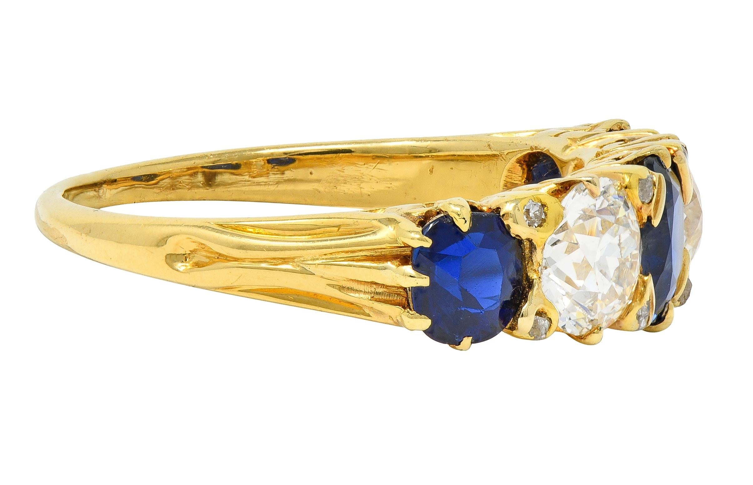Victorian 3.84 CTW Sapphire Diamond 18 Karat Yellow Gold Antique Spade Band Ring