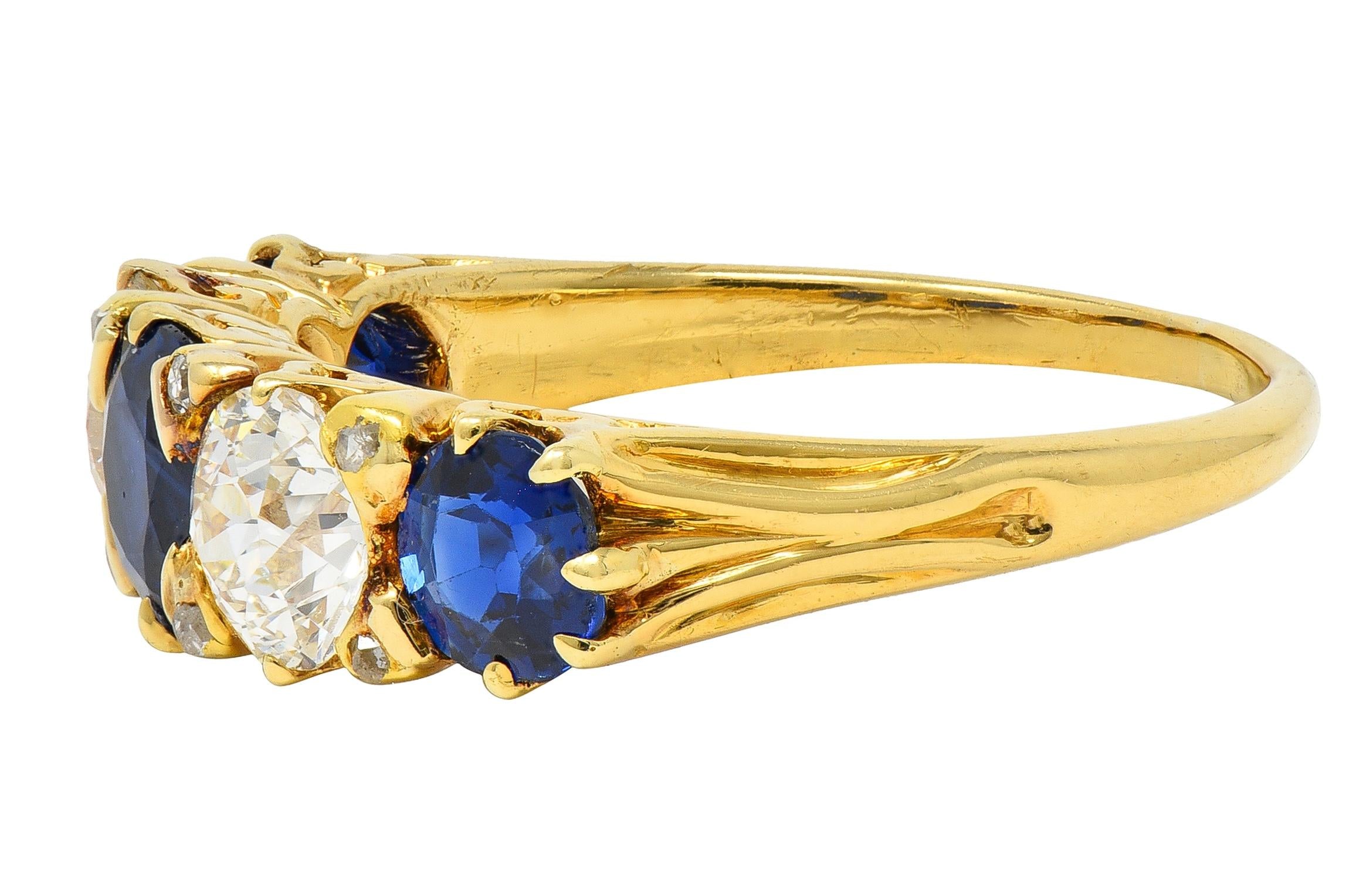 Victorian 3.84 CTW Sapphire Diamond 18 Karat Yellow Gold Antique Spade Band Ring