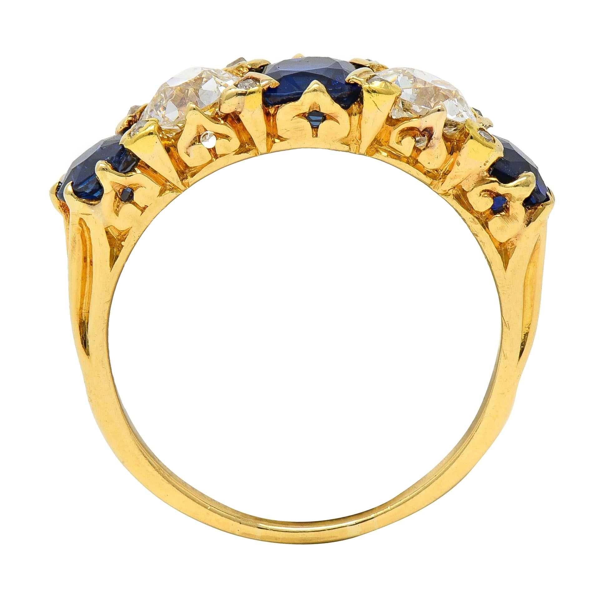 Victorian 3.84 CTW Sapphire Diamond 18 Karat Yellow Gold Antique Spade Band Ring