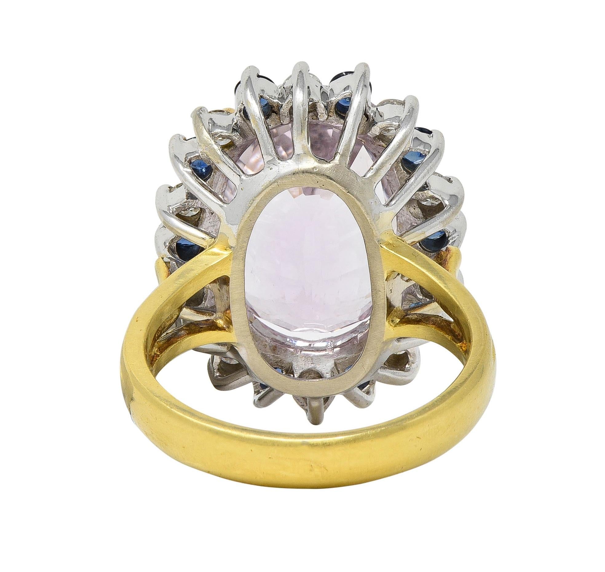 1980's Kunzite Sapphire Diamond 18 Karat Two-Tone Vintage Halo Ring