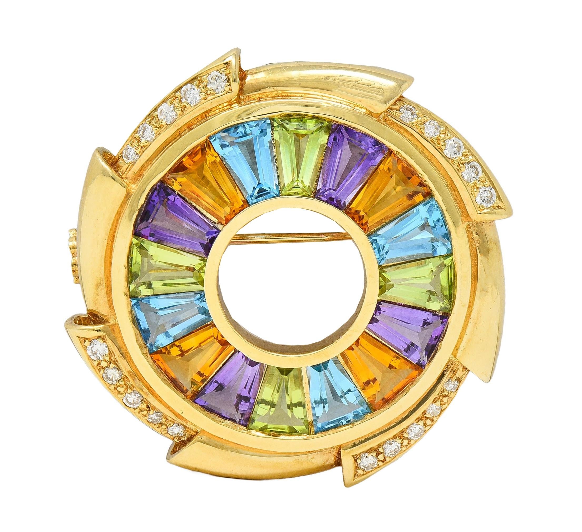 H.Stern Diamond Multi-Gem 18 Karat Yellow Gold Rainbow Pinwheel Vintage Brooch