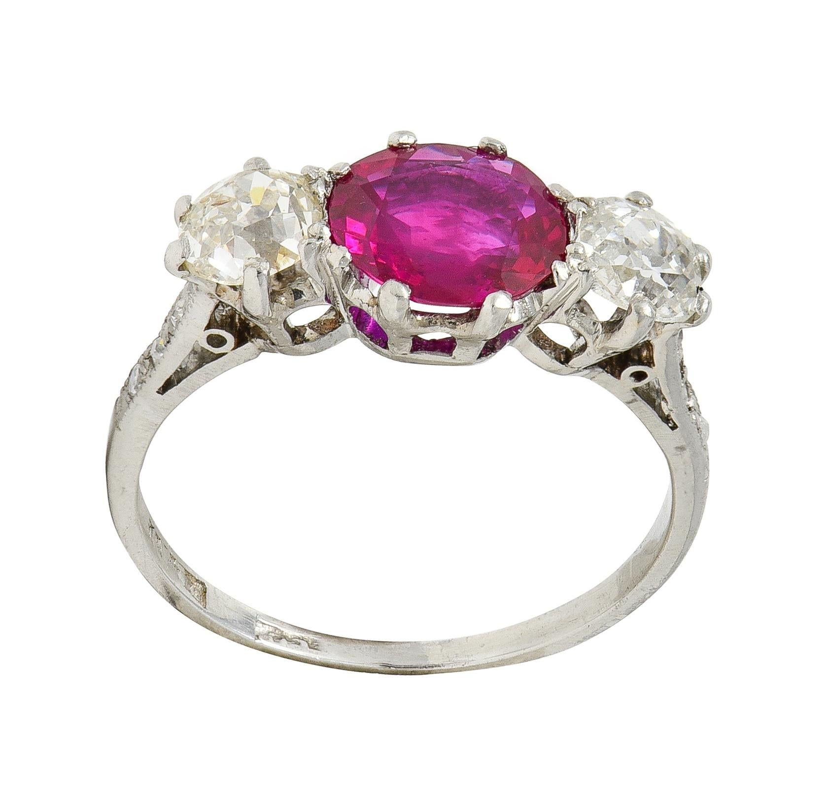 Edwardian 1.90 CTW No Heat Burma Ruby Diamond Platinum Antique Three Stone Ring