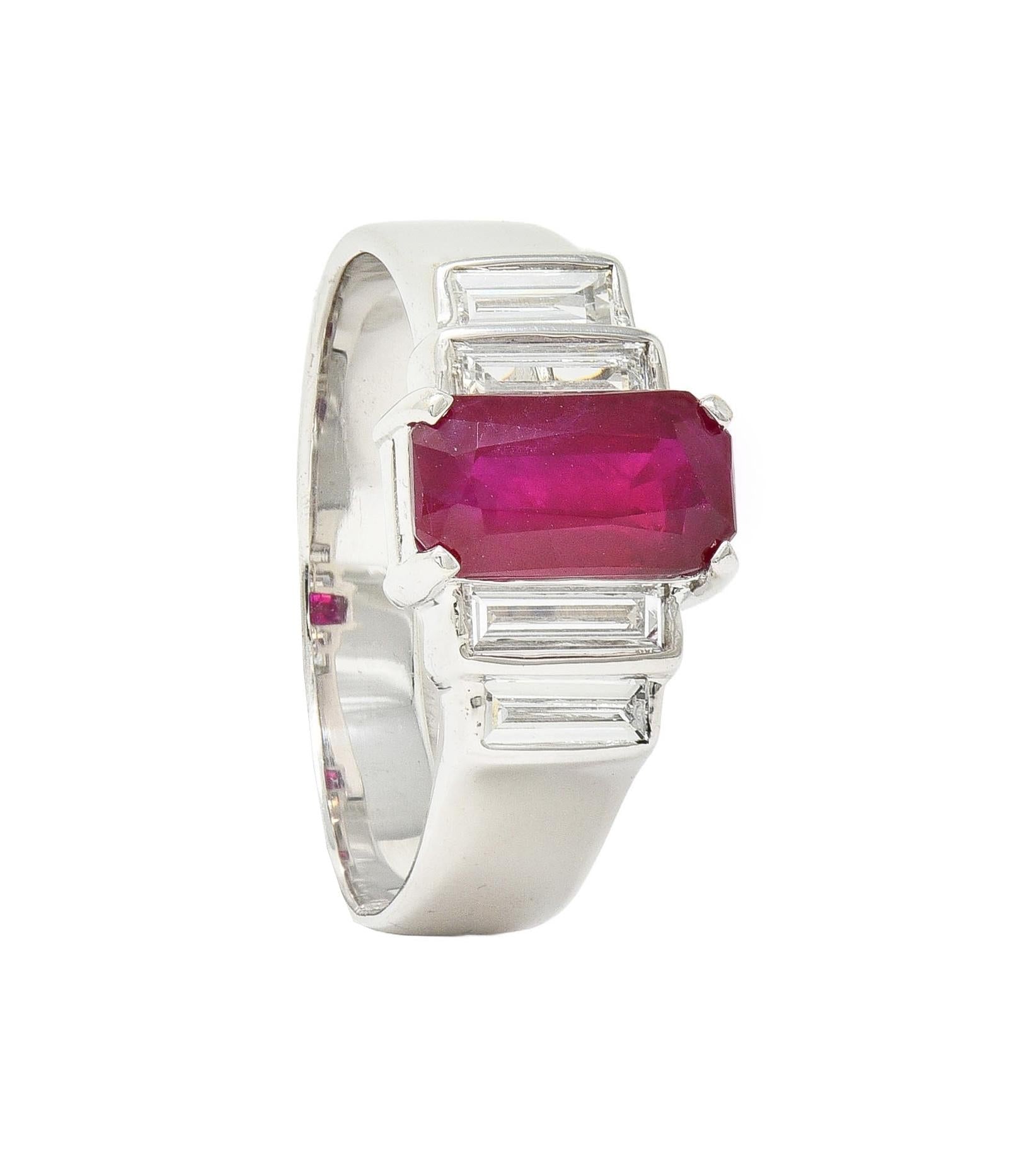 Contemporary 2.10 CTW Emerald Cut Ruby Diamond 18 Karat White Gold Ring