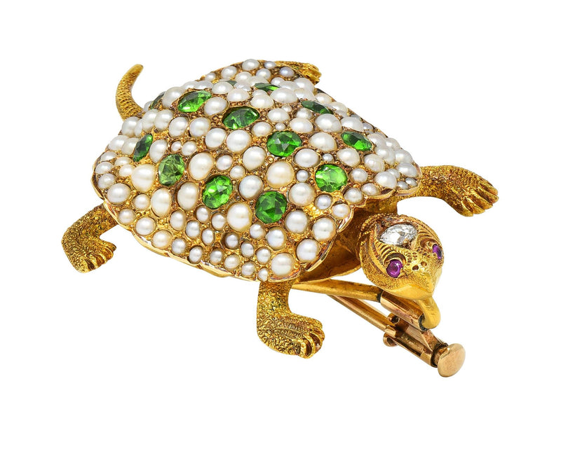 Riker Brothers Art Nouveau Diamond Demantoid 14K Gold Antique Turtle Brooch
