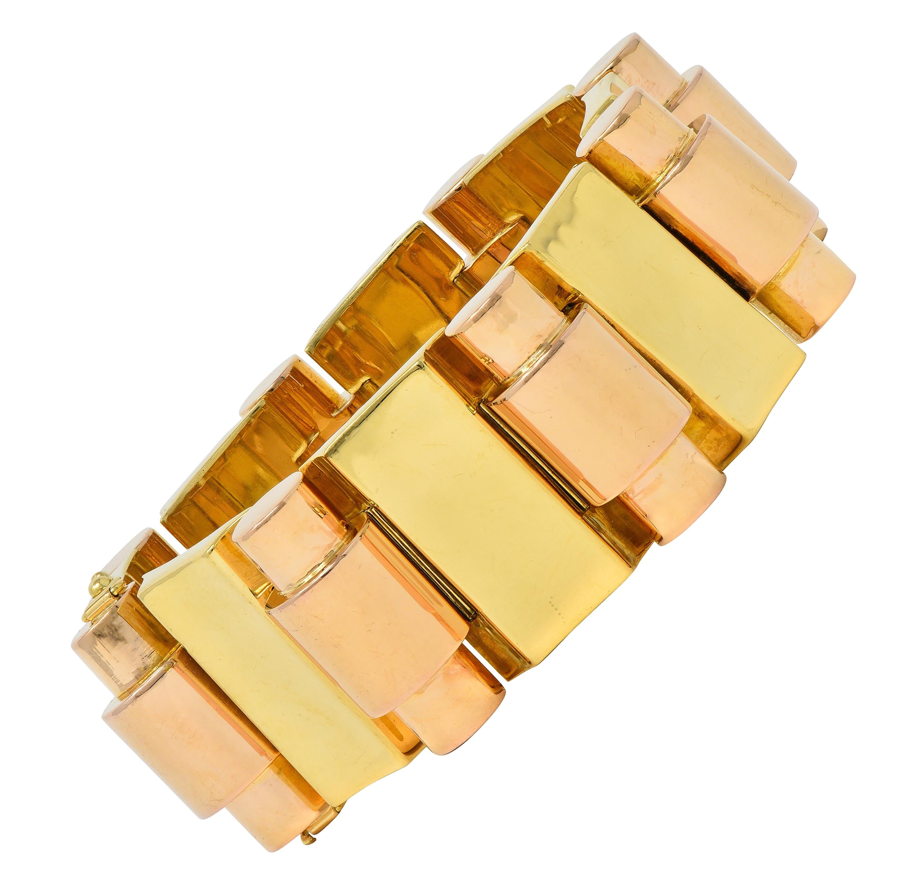 Retro French 18 Karat Two-Tone Yellow Rose Gold Vintage Tank Bracelet