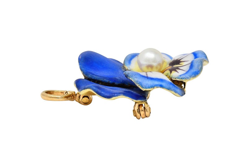 Larter & Son Art Nouveau Enamel Pearl 14 Karat Gold Antique Pansy Pendant Brooch