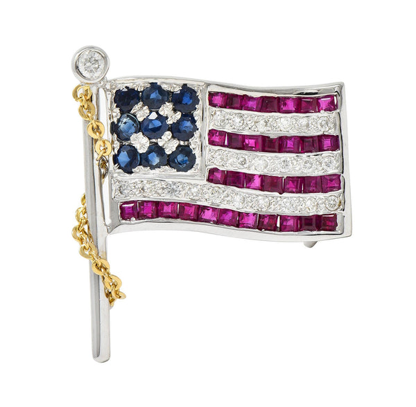1.25 CTW Sapphire Ruby Diamond 14 Karat Gold American Flag Pendant Brooch