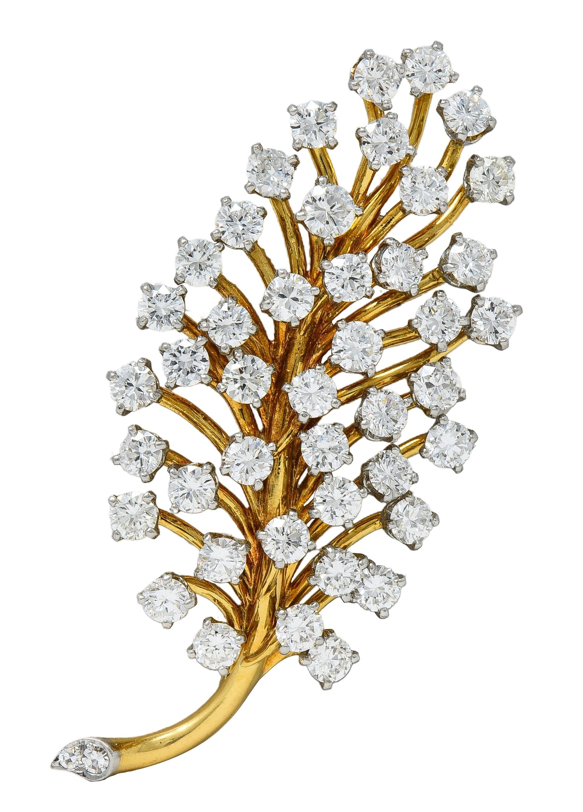 Mid-Century 3.50 CTW Diamond Platinum 18K Gold Vintage Foliate Brooch