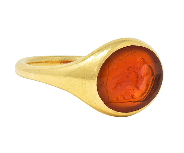 Victorian French Carnelian 18 Karat Yellow Gold Leda & Swan Intaglio Signet Ring