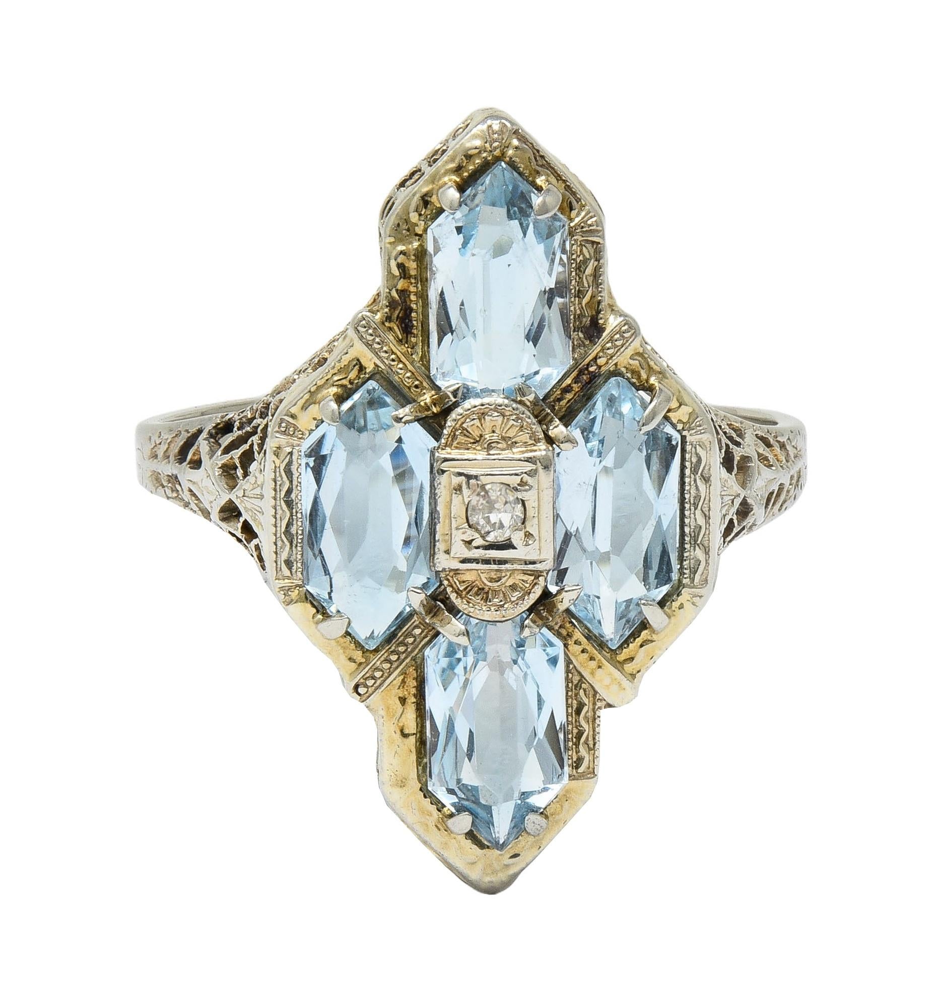 Art Deco 2.80 CTW Aquamarine Diamond 14 Karat White Gold Vintage Navette Ring