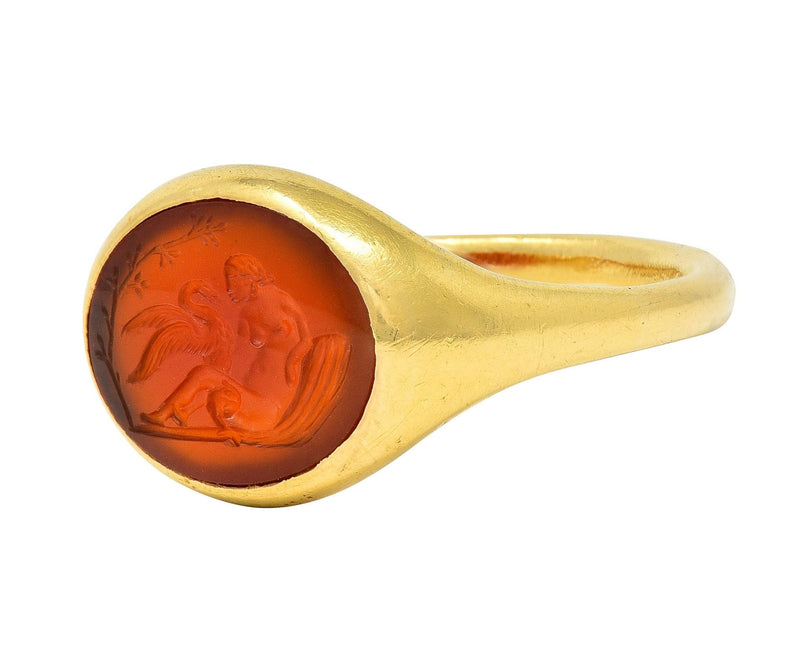 Victorian French Carnelian 18 Karat Yellow Gold Leda & Swan Intaglio Signet Ring