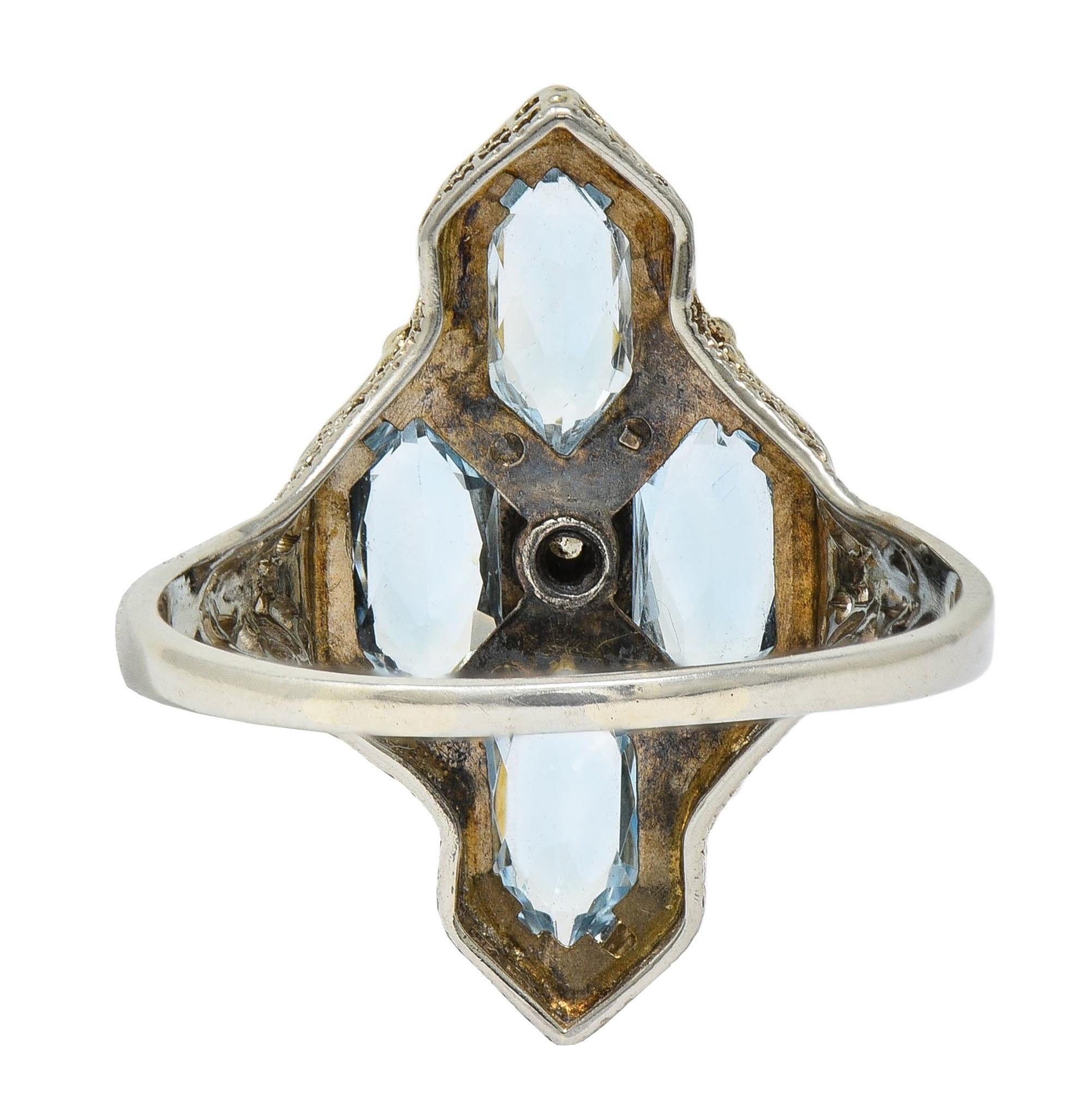 Art Deco 2.80 CTW Aquamarine Diamond 14 Karat White Gold Vintage Navette Ring