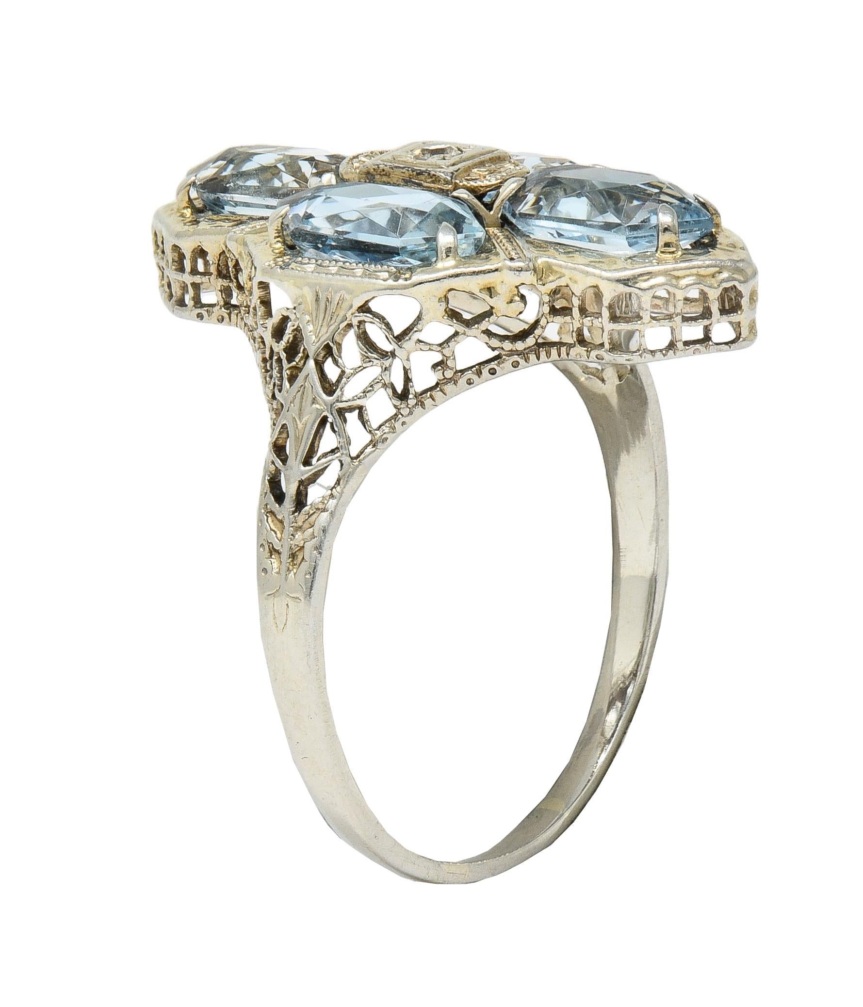 Art Deco 2.80 CTW Aquamarine Diamond 14 Karat White Gold Vintage Navette Ring