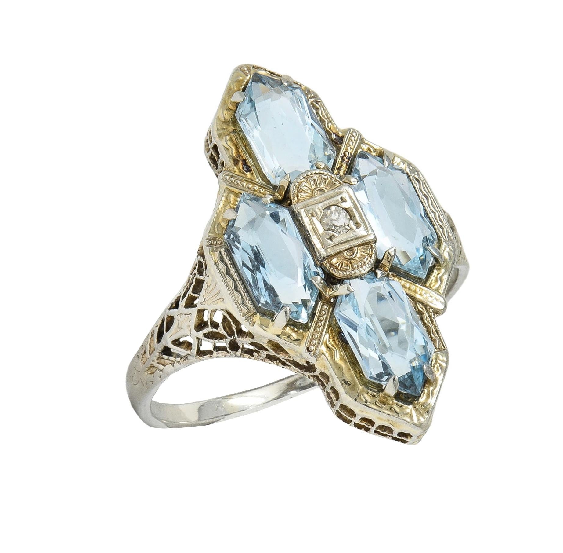 Art Deco 2.80 CTW Aquamarine Diamond 14 Karat White Gold Vintage Navette Ring
