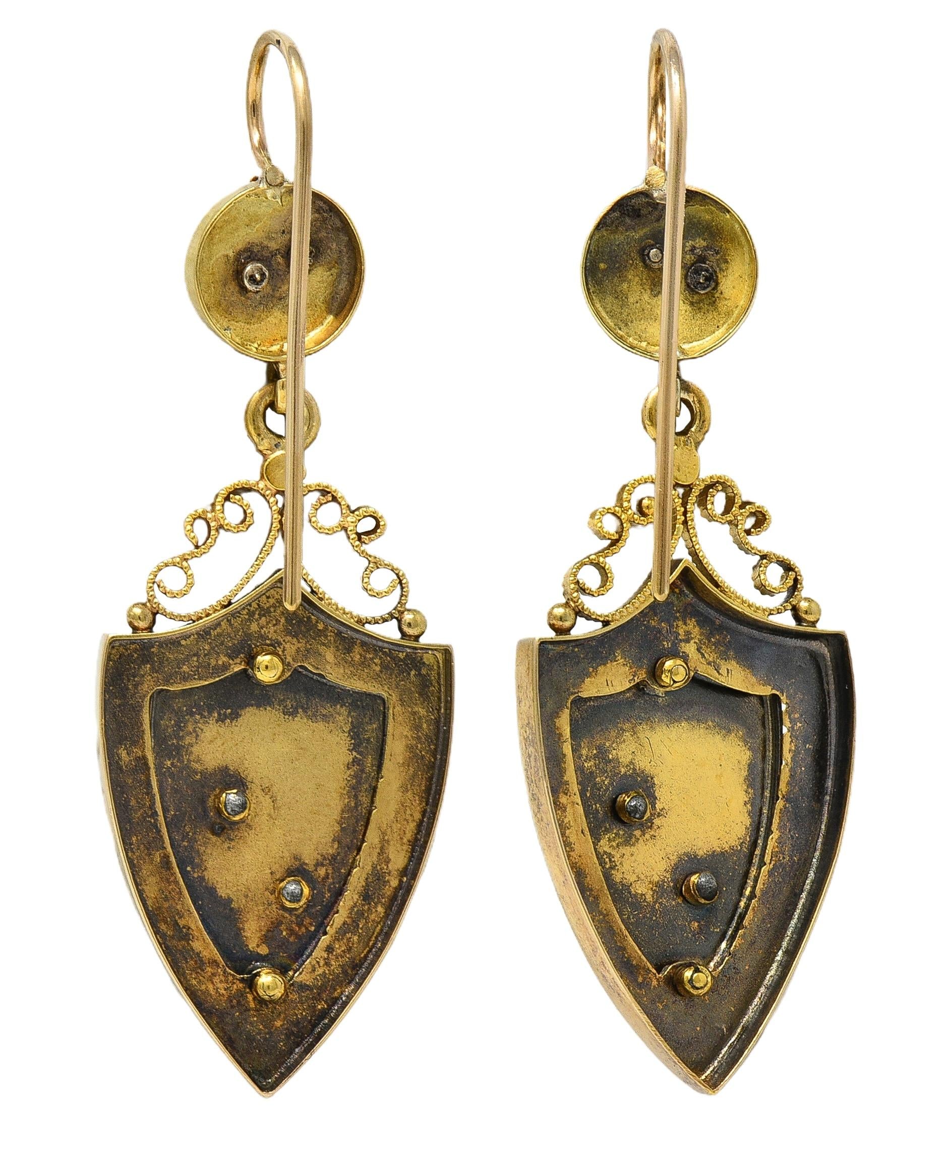 Victorian Etruscan Revival Enamel 14K Yellow Gold Antique Foliate Drop Earrings