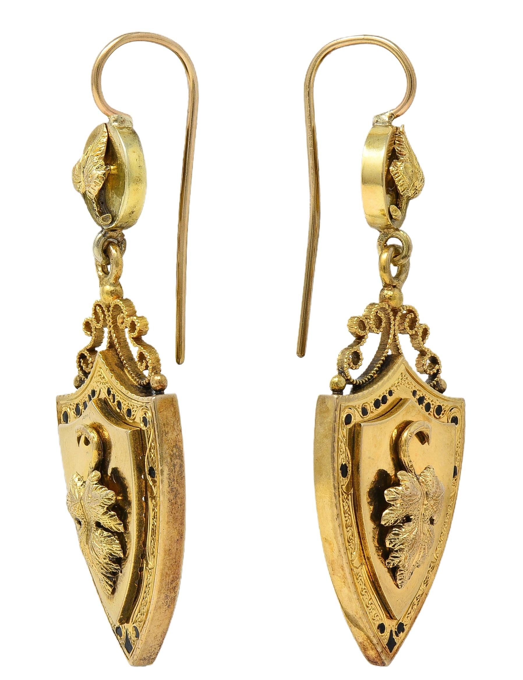Victorian Etruscan Revival Enamel 14K Yellow Gold Antique Foliate Drop Earrings